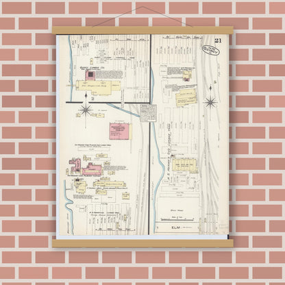 Old map wall art mockup — magnetic wood frame on brick wall — Sanborn Fire Insurance Map from Quincy, Adams County, Illinois (1883), Sheet #0021