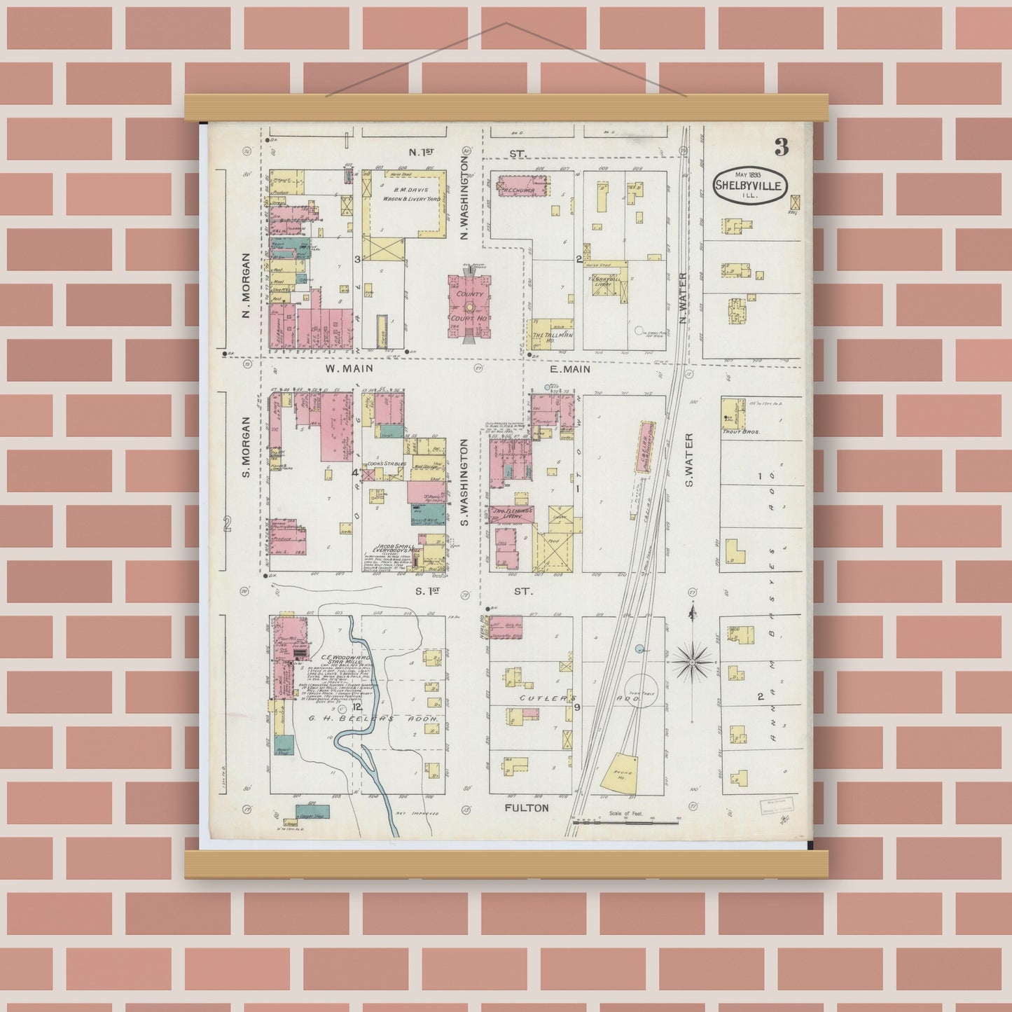 Old map wall art mockup — magnetic wood frame on brick wall — Sanborn Fire Insurance Map from Shelbyville, Shelby County, Illinois (1893), Sheet #0003