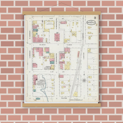 Old map wall art mockup — magnetic wood frame on brick wall — Sanborn Fire Insurance Map from Shelbyville, Shelby County, Illinois (1893), Sheet #0003