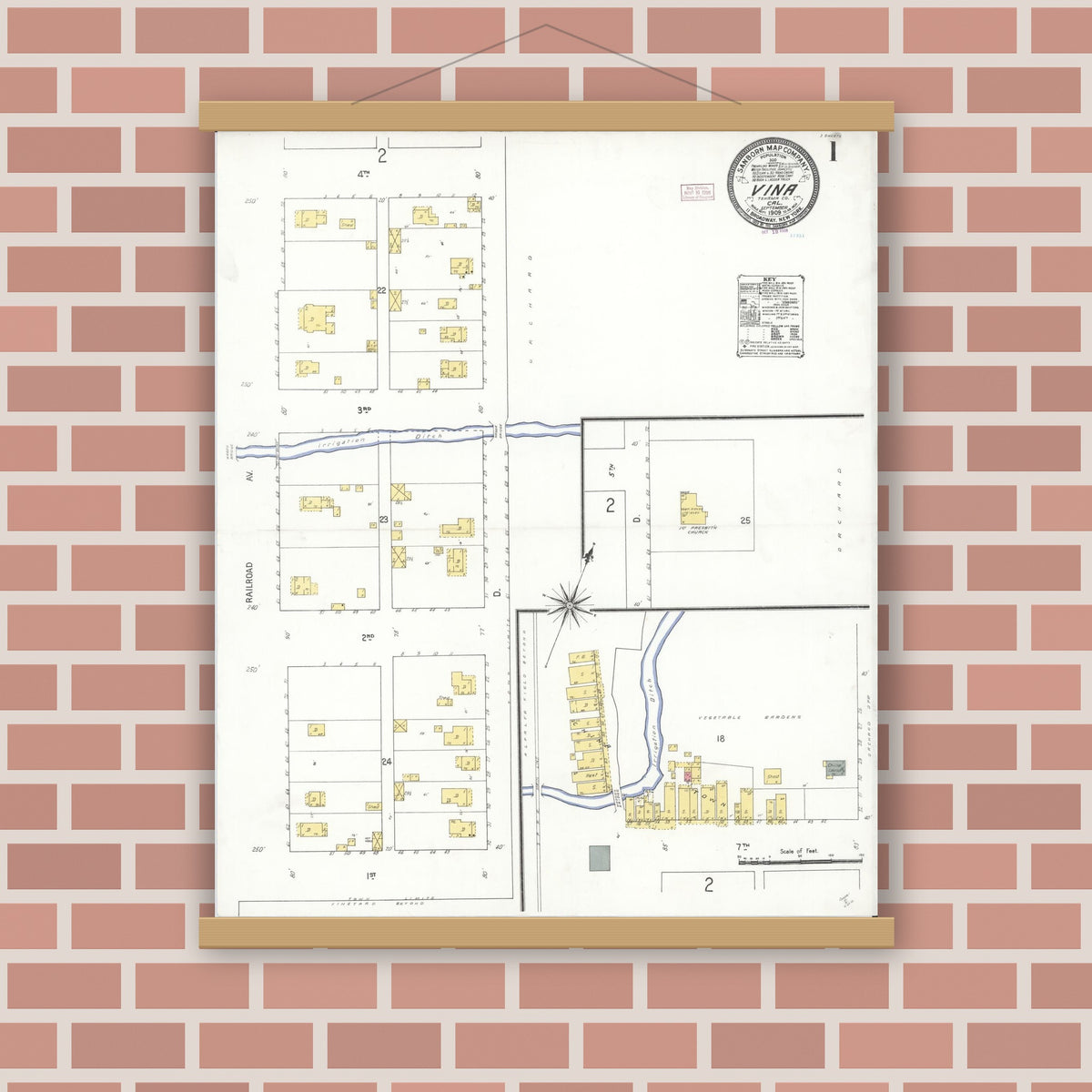 Old map wall art mockup — magnetic wood frame on brick wall — Sanborn Fire Insurance Map from Vina, Tehama County, California (1909) - Complete Map Set