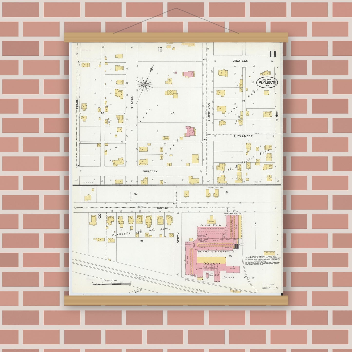 Old map wall art mockup — magnetic wood frame on brick wall — Sanborn Fire Insurance Map from Plymouth, Marhshall County, Indiana (1905), Sheet #0011