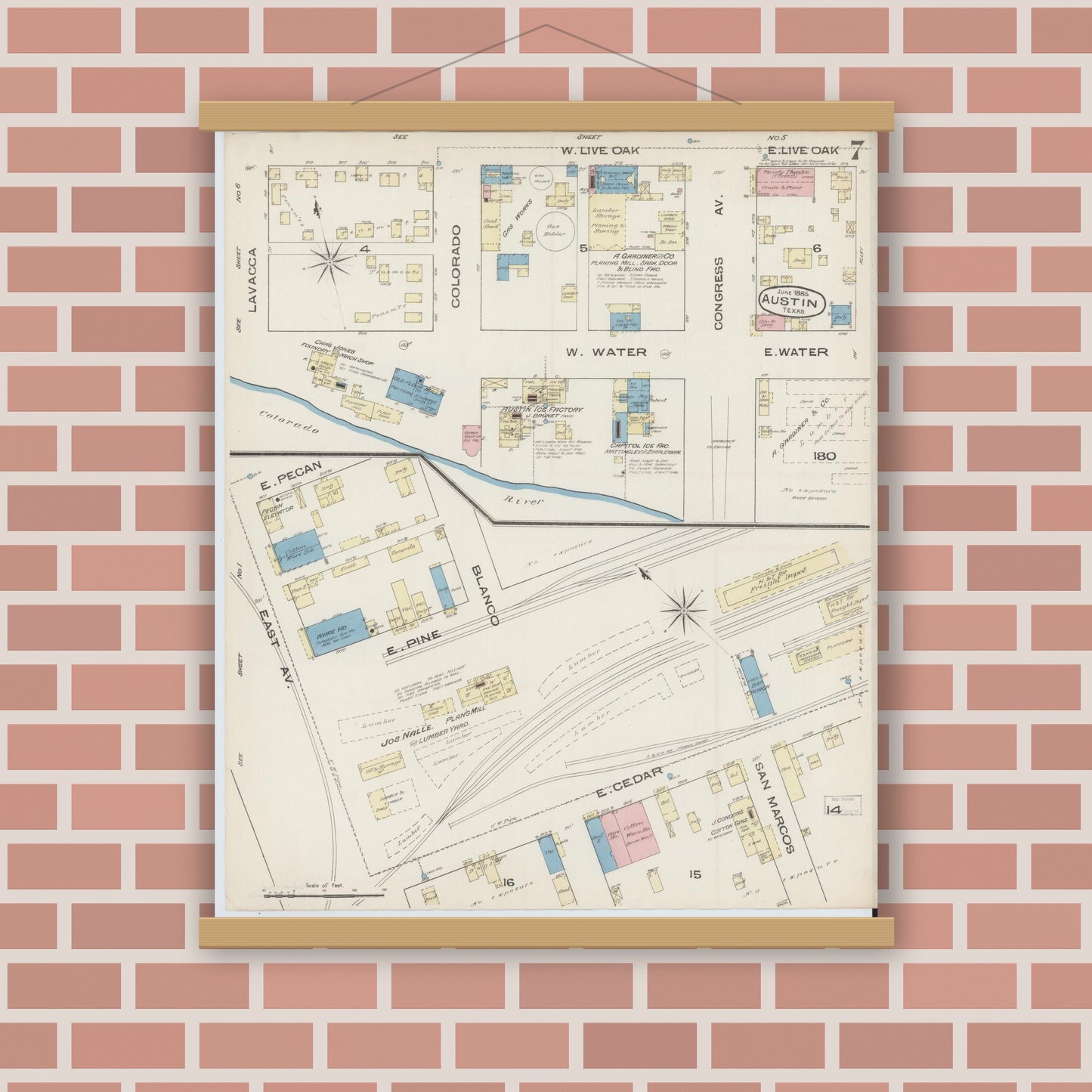 Old map wall art mockup — magnetic wood frame on brick wall — Sanborn Fire Insurance Map from Austin, Travis County, Texas (1885), Sheet #0007