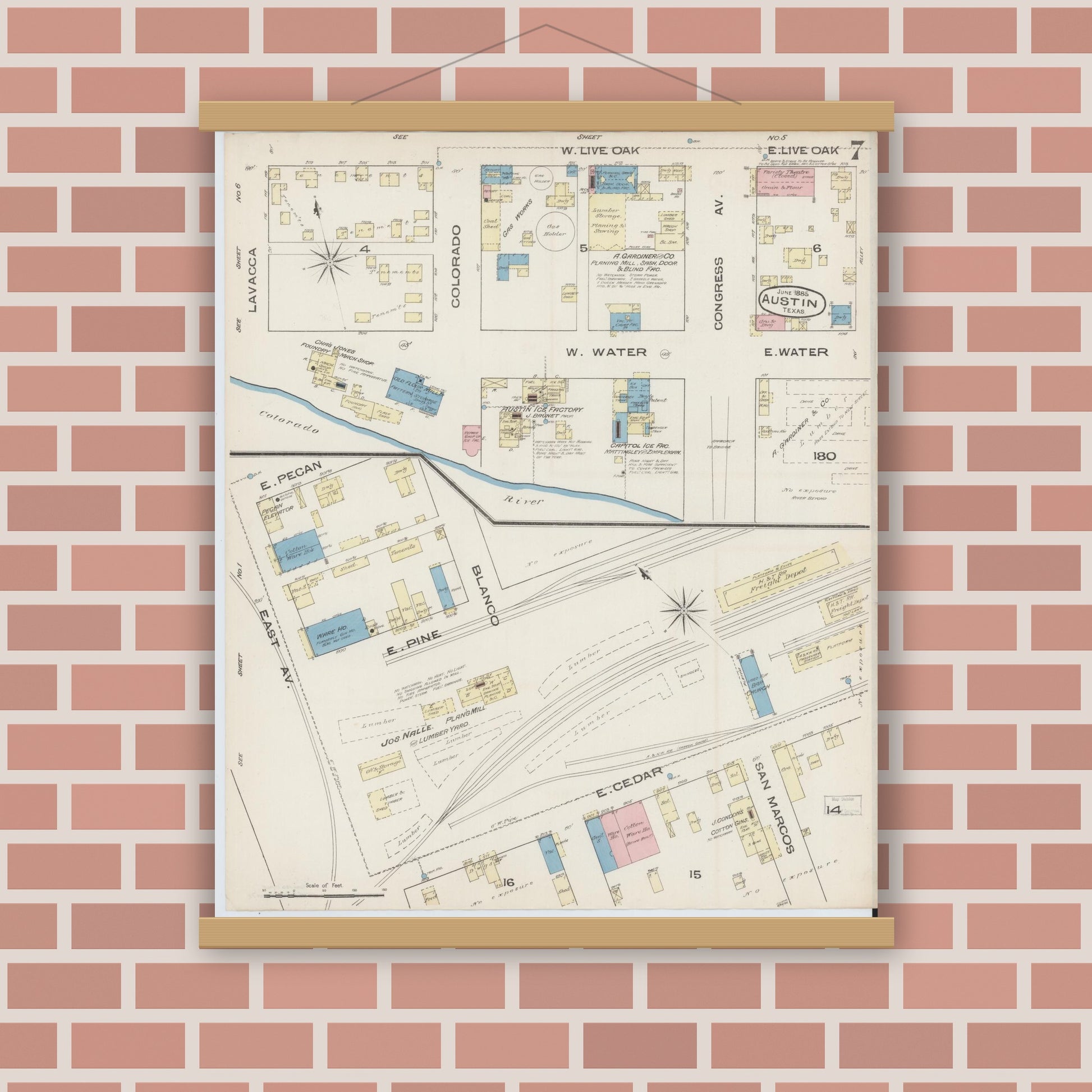 Old map wall art mockup — magnetic wood frame on brick wall — Sanborn Fire Insurance Map from Austin, Travis County, Texas (1885), Sheet #0007