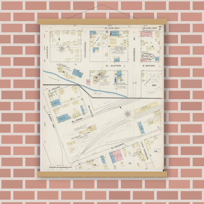 Old map wall art mockup — magnetic wood frame on brick wall — Sanborn Fire Insurance Map from Austin, Travis County, Texas (1885), Sheet #0007