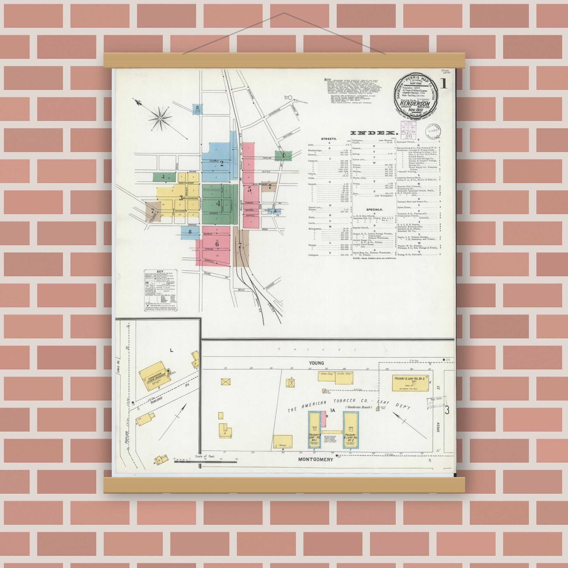 Old map wall art mockup — magnetic wood frame on brick wall — Sanborn Fire Insurance Map from Henderson, Vance County, North Carolina (1901) - Complete Map Set