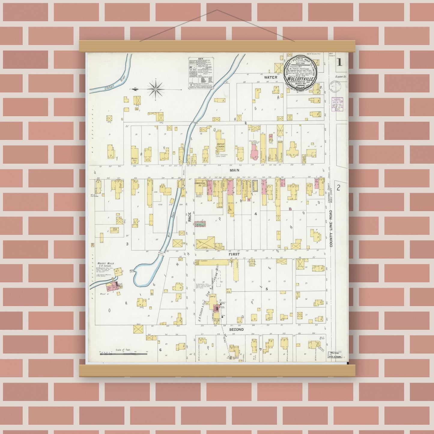 Old map wall art mockup — magnetic wood frame on brick wall — Sanborn Fire Insurance Map from Wolcottville, Noble And LaGrange Counties, Indiana (1901), Sheet #0001