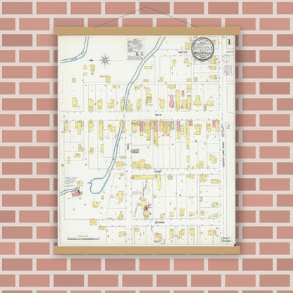 Old map wall art mockup — magnetic wood frame on brick wall — Sanborn Fire Insurance Map from Wolcottville, Noble And LaGrange Counties, Indiana (1901), Sheet #0001