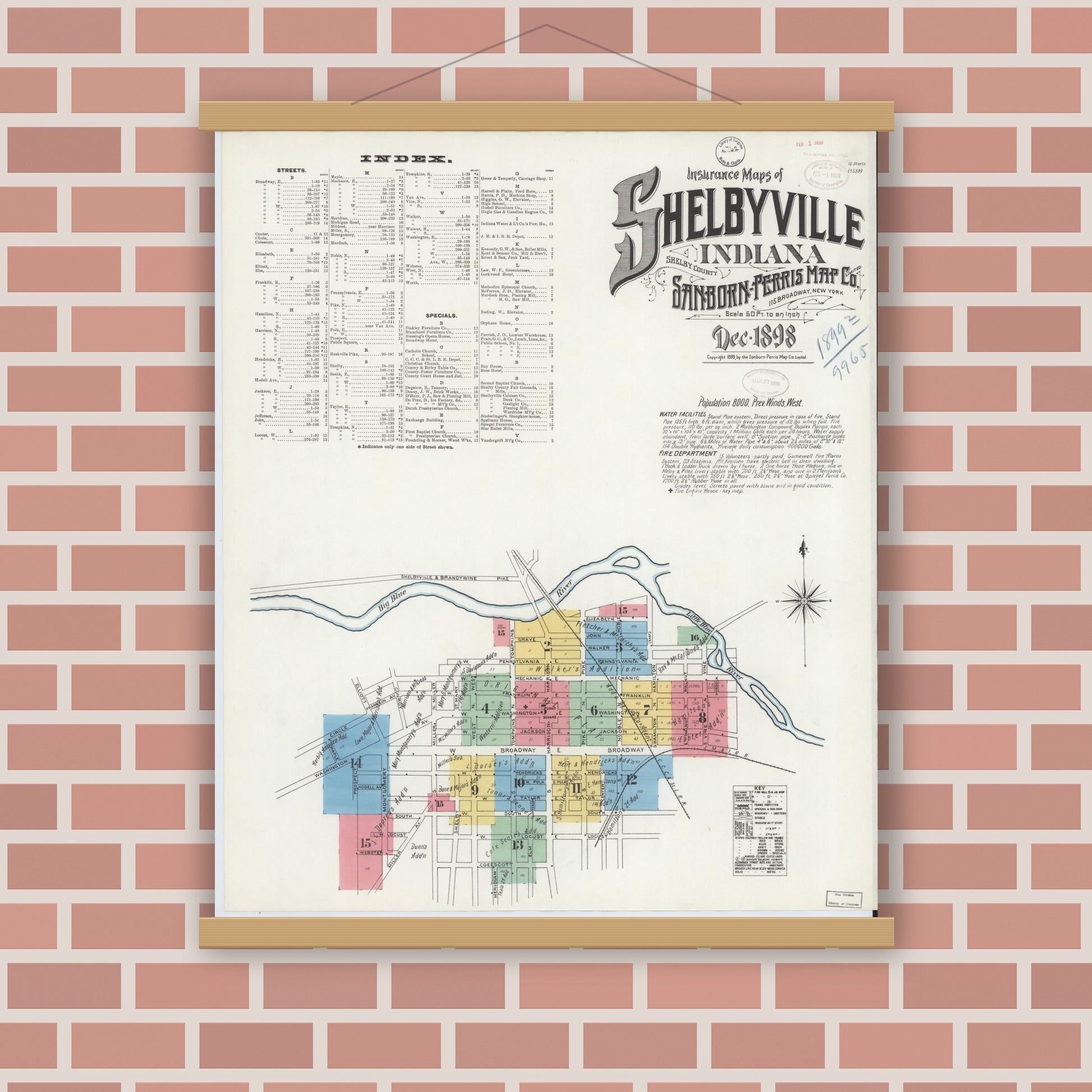Old map wall art mockup — magnetic wood frame on brick wall — Sanborn Fire Insurance Map from Shelbyville, Shelby County, Indiana (1898) - Complete Map Set