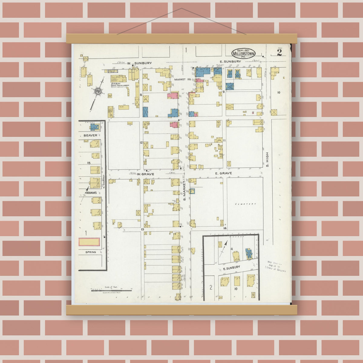 Old map wall art mockup — magnetic wood frame on brick wall — Sanborn Fire Insurance Map from Millerstown, Perry County, Pennsylvania (1921), Sheet #0002