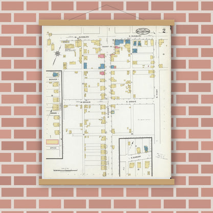 Old map wall art mockup — magnetic wood frame on brick wall — Sanborn Fire Insurance Map from Millerstown, Perry County, Pennsylvania (1921), Sheet #0002