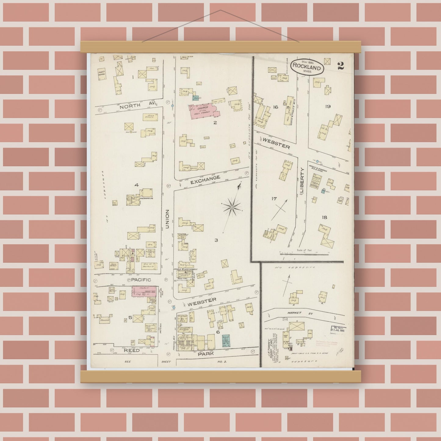 Old map wall art mockup — magnetic wood frame on brick wall — Sanborn Fire Insurance Map from Rockland, Plymouth County, Massachusetts (1885), Sheet #0002