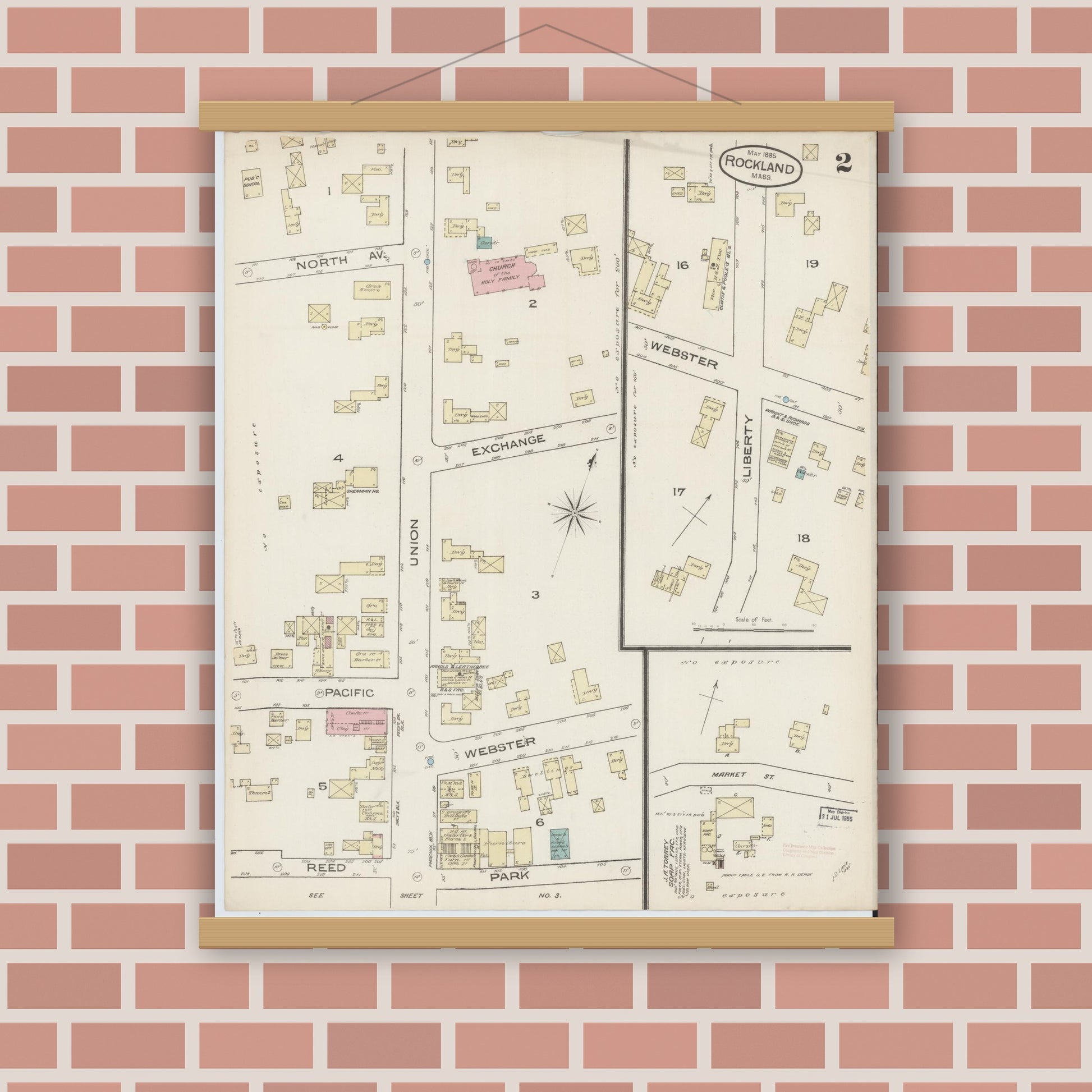 Old map wall art mockup — magnetic wood frame on brick wall — Sanborn Fire Insurance Map from Rockland, Plymouth County, Massachusetts (1885), Sheet #0002