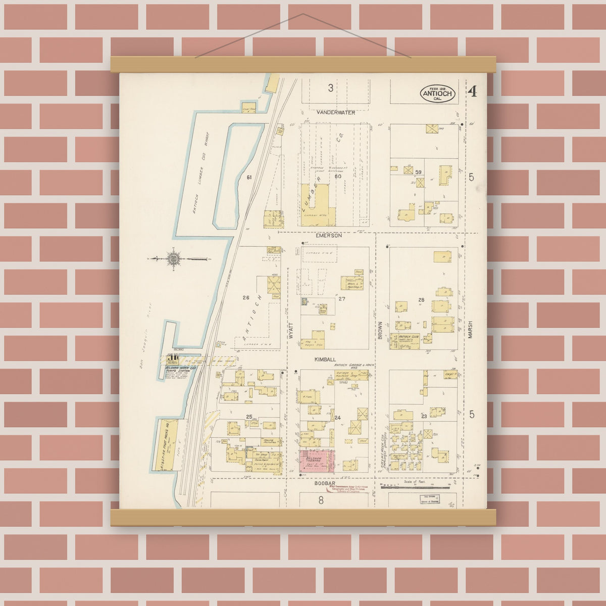 Old map wall art mockup — magnetic wood frame on brick wall — Sanborn Fire Insurance Map from Antioch, Contra Costa County, California (1912), Sheet #0004