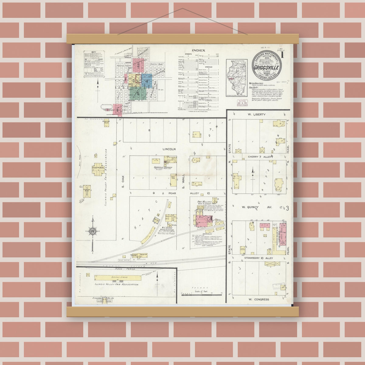 Old map wall art mockup — magnetic wood frame on brick wall — Sanborn Fire Insurance Map from Griggsville, Pike County, Illinois (1913) - Complete Map Set
