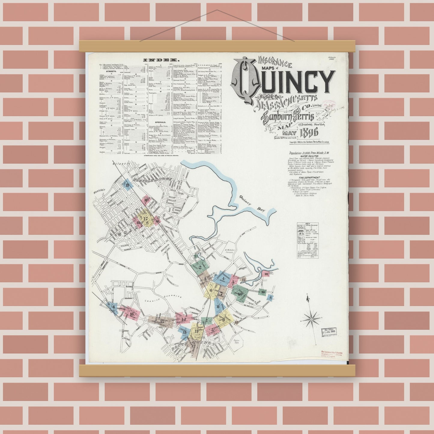 Old map wall art mockup — magnetic wood frame on brick wall — Sanborn Fire Insurance Map from Quincy, Norfolk County, Massachusetts (1896) - Complete Map Set