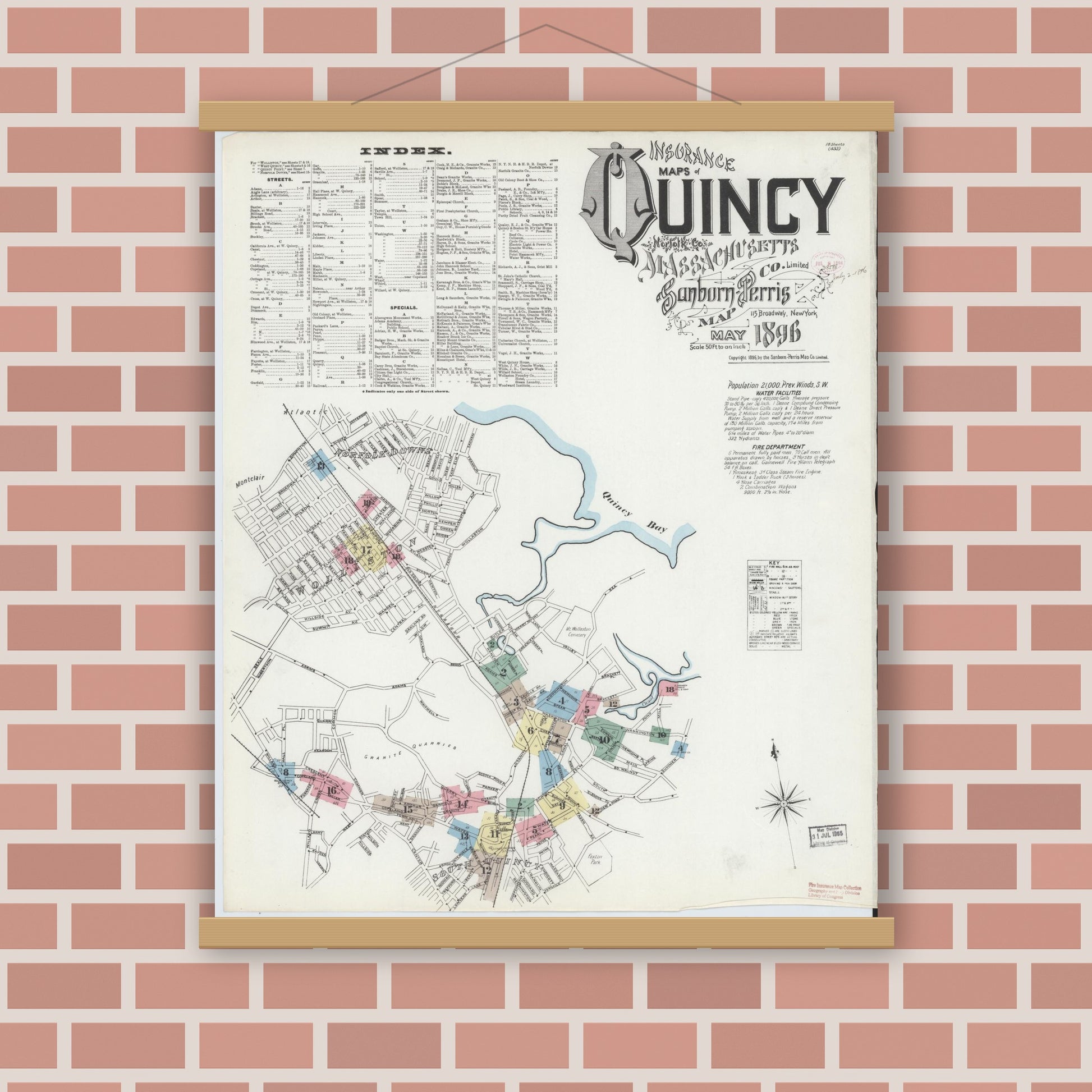 Old map wall art mockup — magnetic wood frame on brick wall — Sanborn Fire Insurance Map from Quincy, Norfolk County, Massachusetts (1896) - Complete Map Set