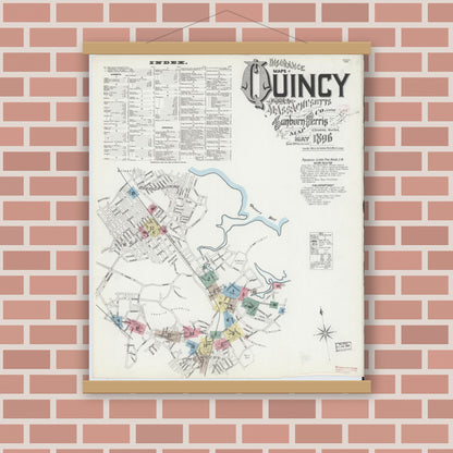 Old map wall art mockup — magnetic wood frame on brick wall — Sanborn Fire Insurance Map from Quincy, Norfolk County, Massachusetts (1896) - Complete Map Set