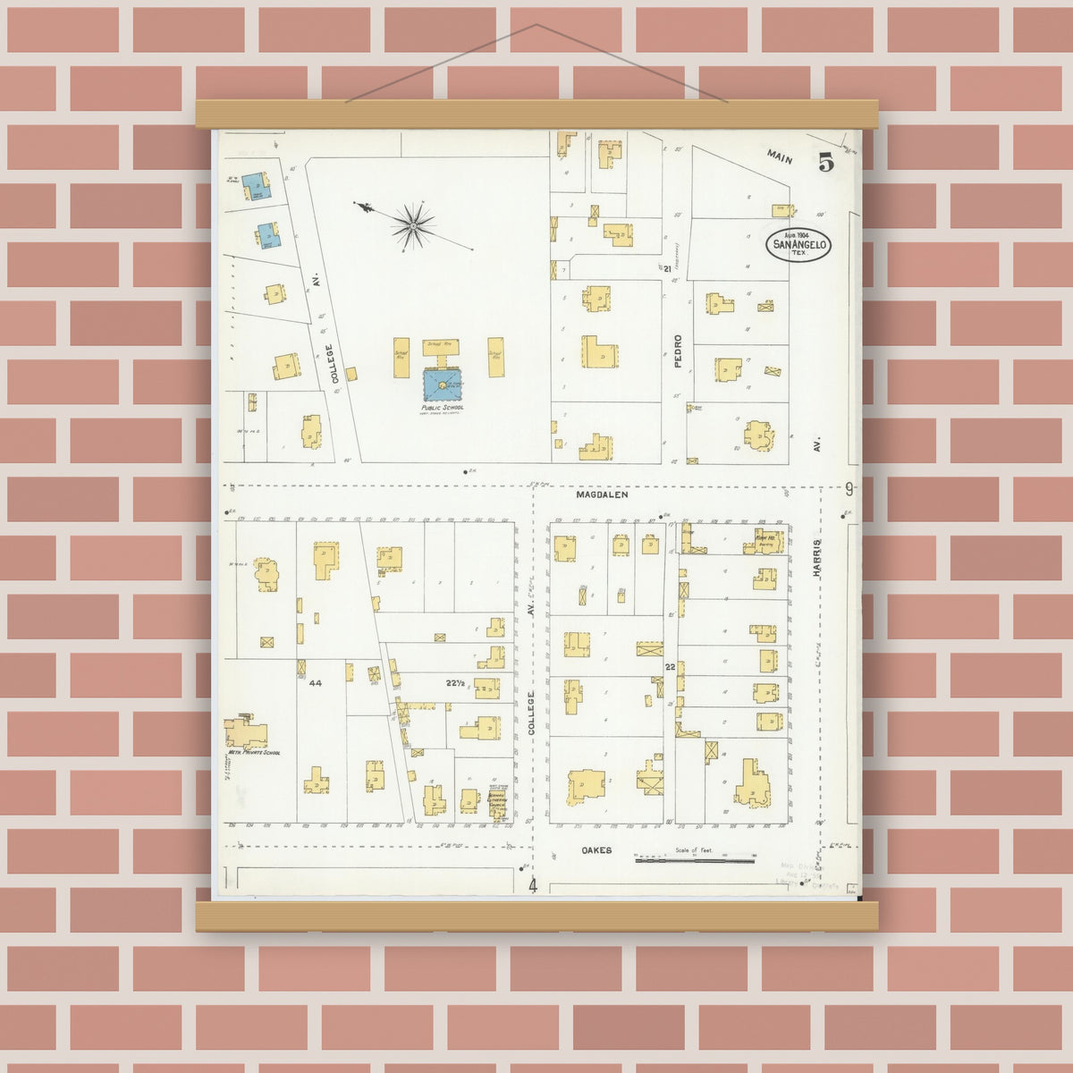Old map wall art mockup — magnetic wood frame on brick wall — Sanborn Fire Insurance Map from San Angelo, Tom Green County, Texas (1904), Sheet #0005