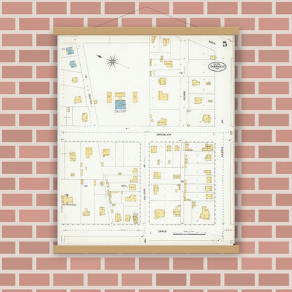 Old map wall art mockup — magnetic wood frame on brick wall — Sanborn Fire Insurance Map from San Angelo, Tom Green County, Texas (1904), Sheet #0005