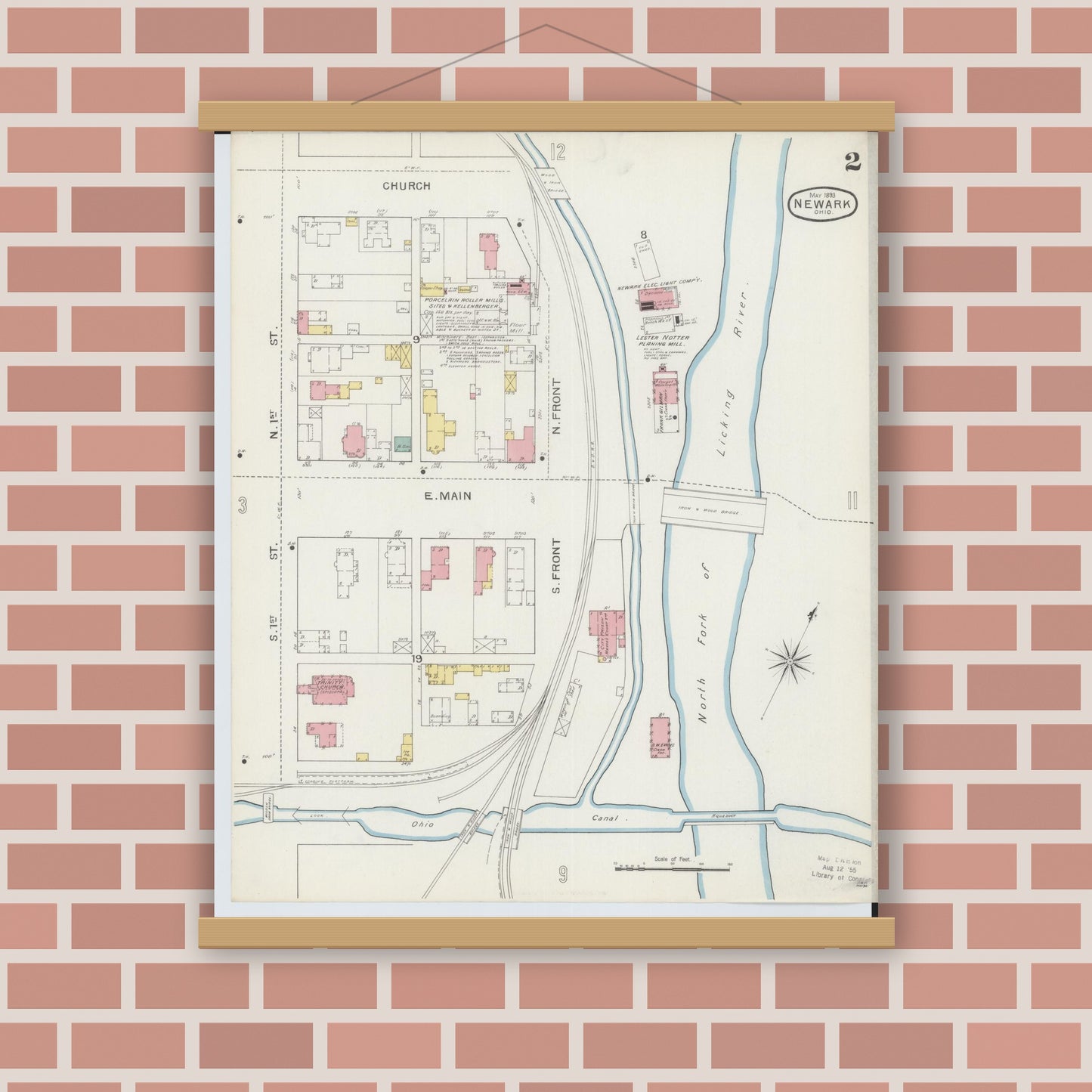 Old map wall art mockup — magnetic wood frame on brick wall — Sanborn Fire Insurance Map from Newark, Licking County, Ohio (1893), Sheet #0002
