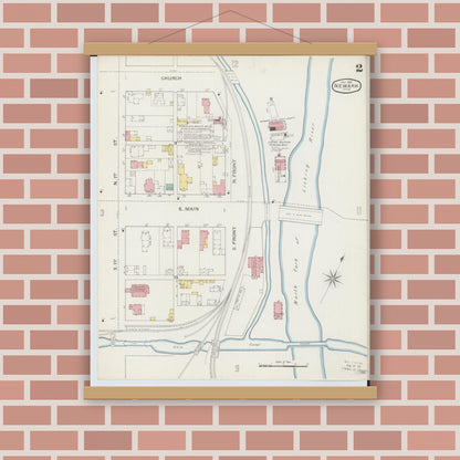 Old map wall art mockup — magnetic wood frame on brick wall — Sanborn Fire Insurance Map from Newark, Licking County, Ohio (1893), Sheet #0002