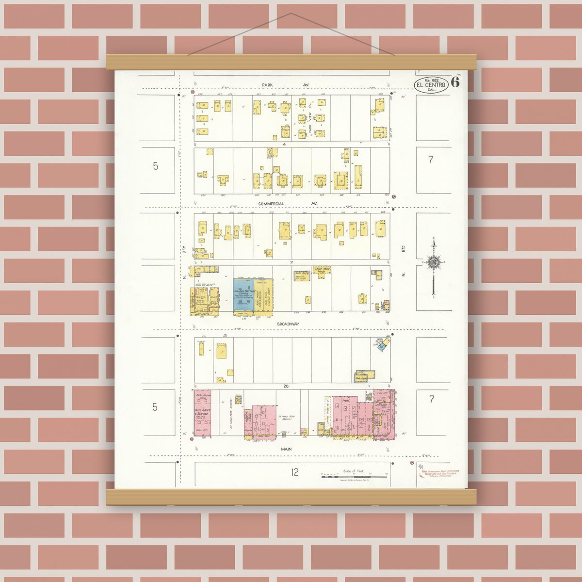 Old map wall art mockup — magnetic wood frame on brick wall — Sanborn Fire Insurance Map from El Centro, Imperial County, California (1922), Sheet #0006