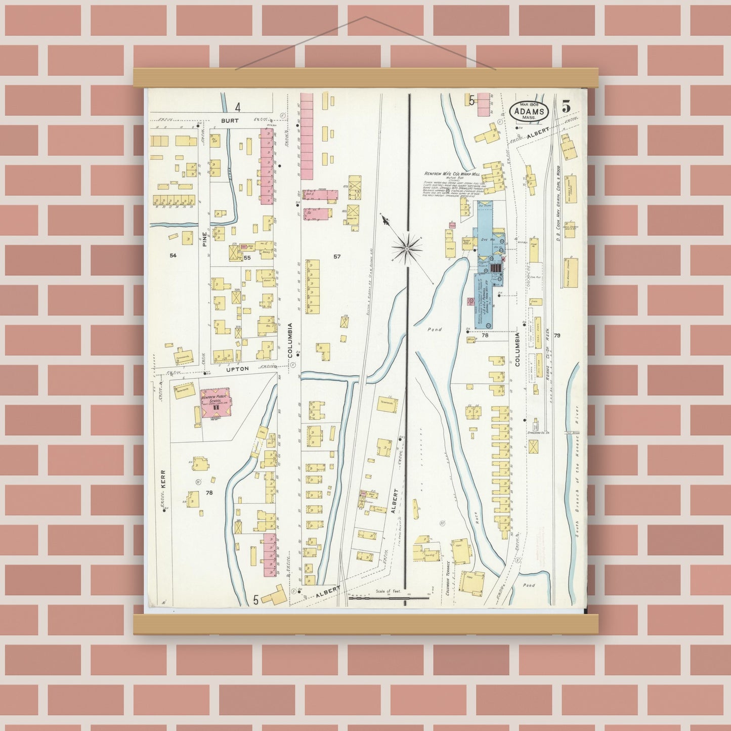 Old map wall art mockup — magnetic wood frame on brick wall — Sanborn Fire Insurance Map from Adams, Berkshire County, Massachusetts (1908), Sheet #0005