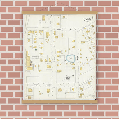 Old map wall art mockup — magnetic wood frame on brick wall — Sanborn Fire Insurance Map from Live Oak, Suwanee County, Florida (1903), Sheet #0008