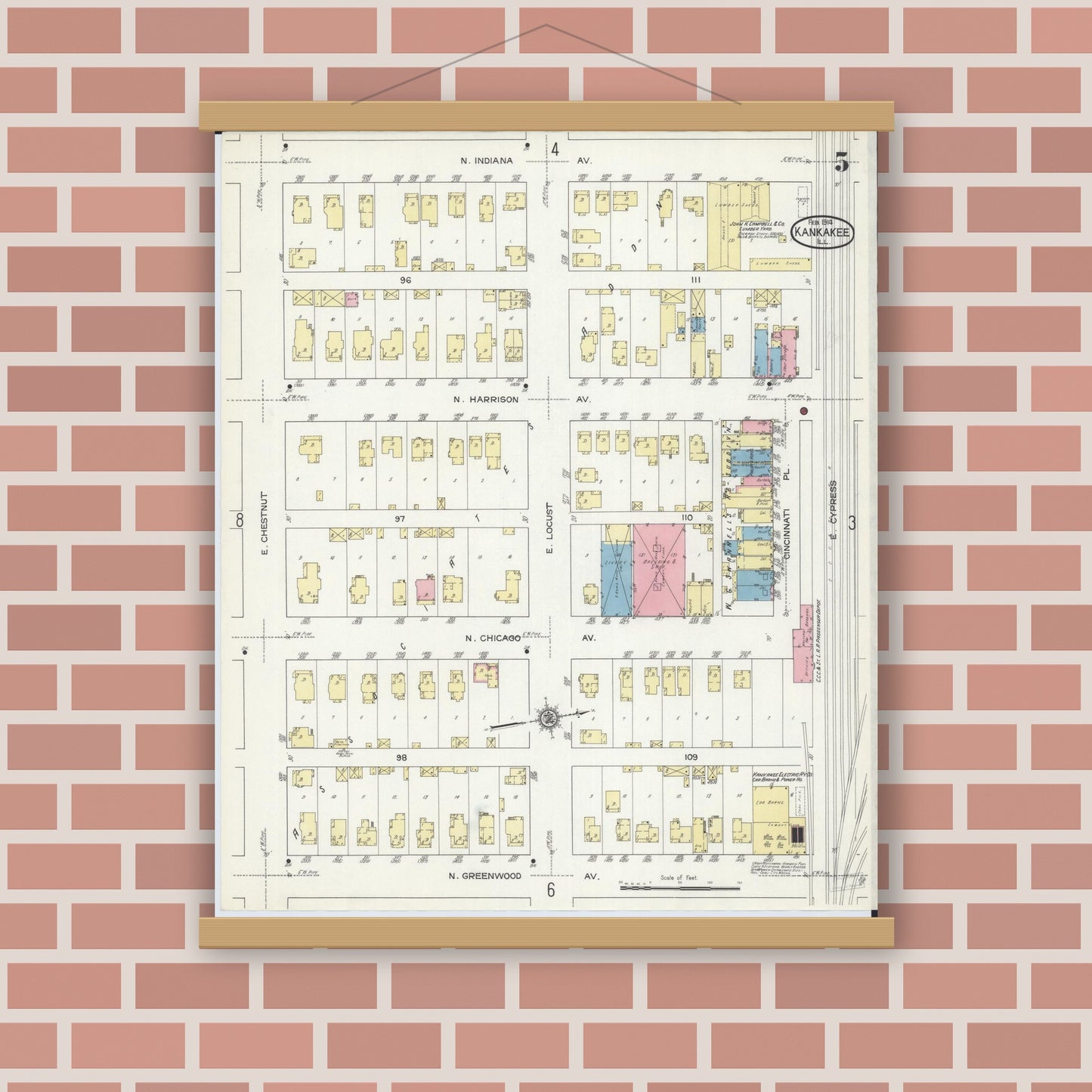 Old map wall art mockup — magnetic wood frame on brick wall — Sanborn Fire Insurance Map from Kankakee, Kankakee County, Illinois (1914), Sheet #0005