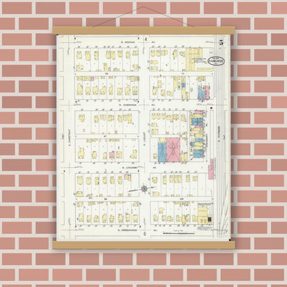 Old map wall art mockup — magnetic wood frame on brick wall — Sanborn Fire Insurance Map from Kankakee, Kankakee County, Illinois (1914), Sheet #0005