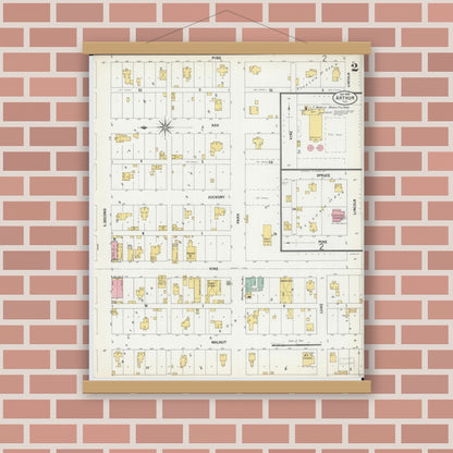 Old map wall art mockup — magnetic wood frame on brick wall — Sanborn Fire Insurance Map from Arthur, Moultrie And Douglas Counties, Illinois (1899), Sheet #0002