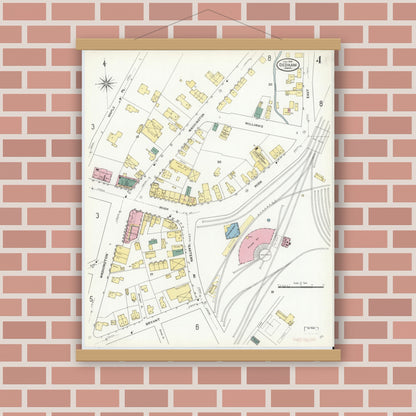 Old map wall art mockup — magnetic wood frame on brick wall — Sanborn Fire Insurance Map from Dedham, Norfolk County, Massachusetts (1909), Sheet #0004
