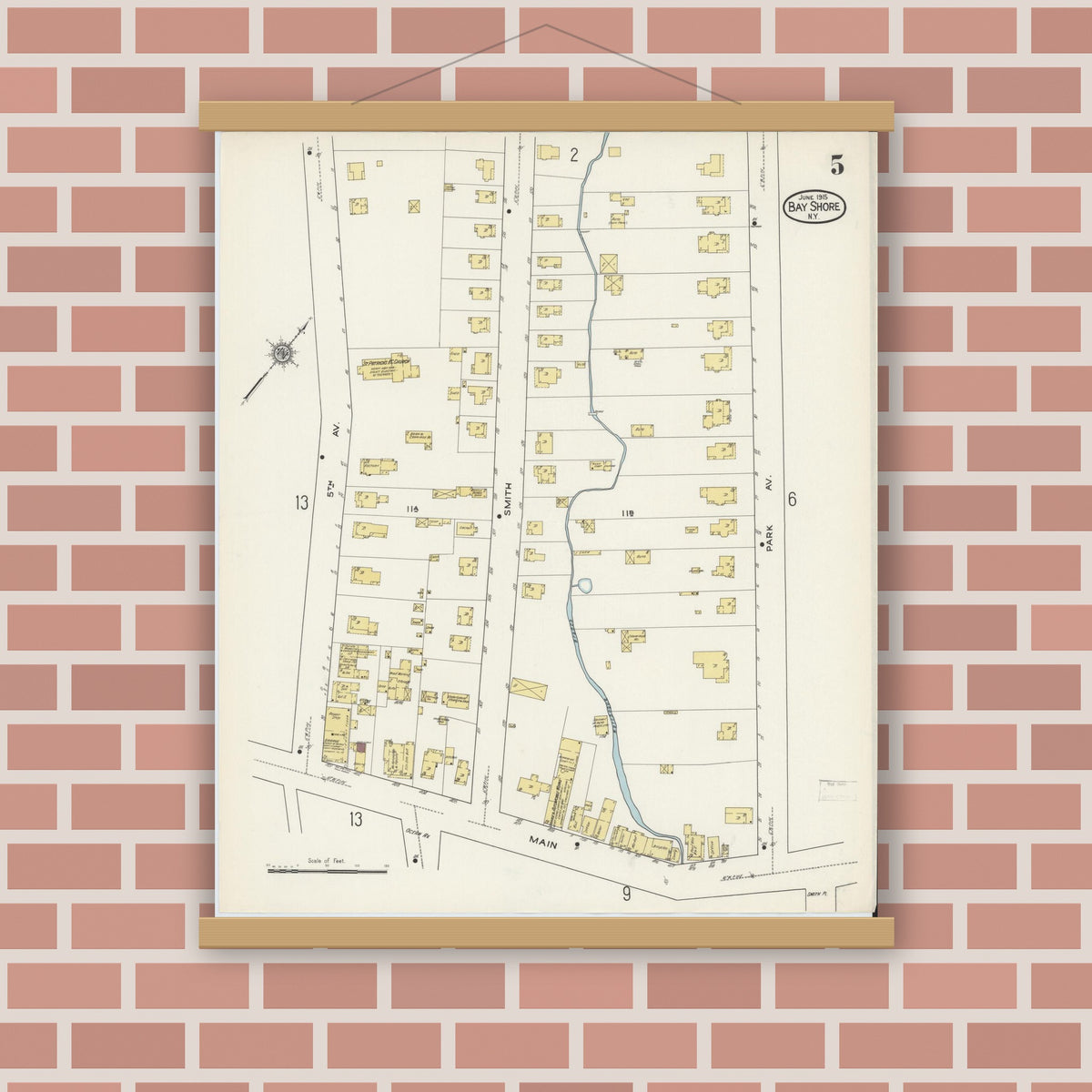 Old map wall art mockup — magnetic wood frame on brick wall — Sanborn Fire Insurance Map from Bay Shore, Suffolk County, New York (1915), Sheet #0005