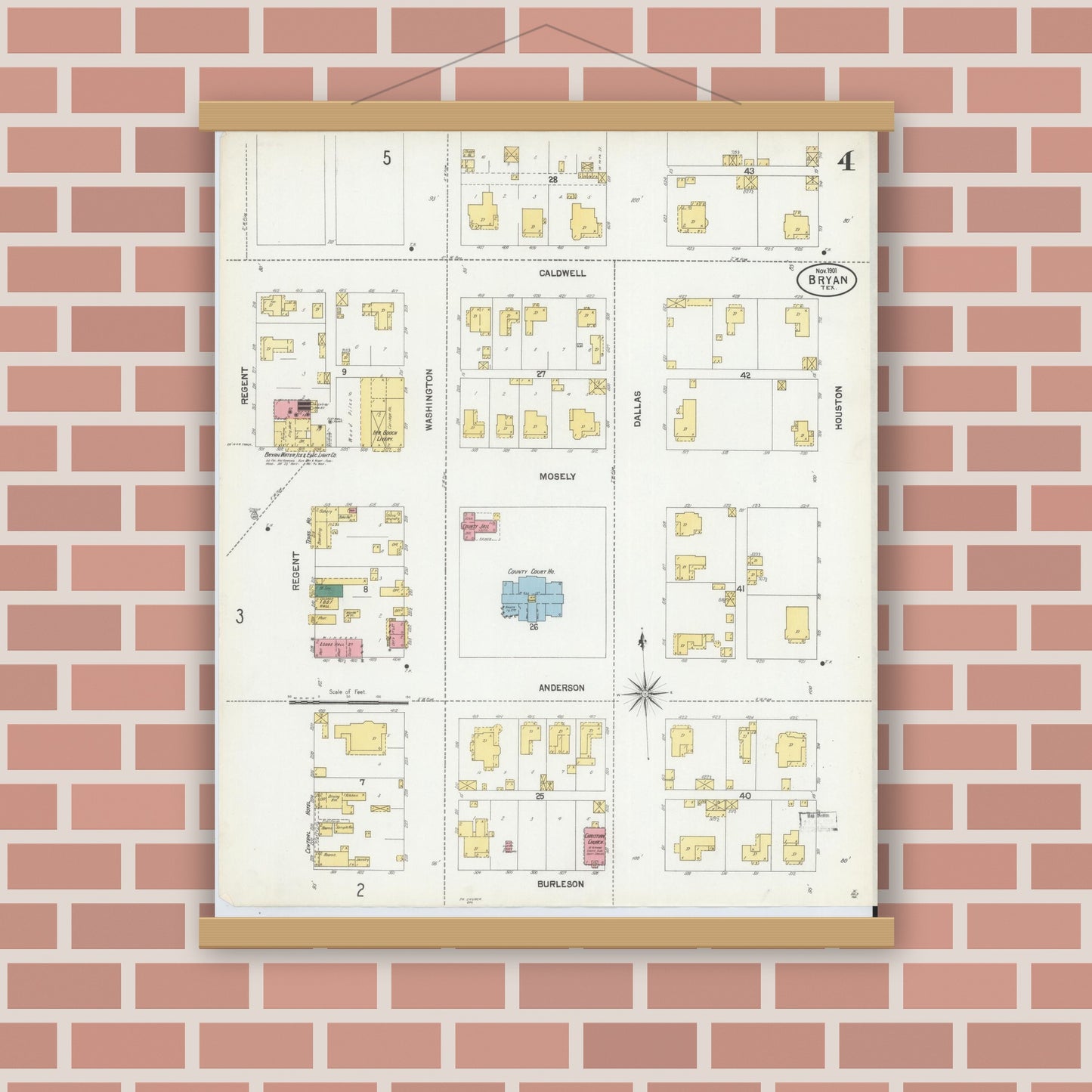 Old map wall art mockup — magnetic wood frame on brick wall — Sanborn Fire Insurance Map from Bryan, Brazos County, Texas (1901), Sheet #0004