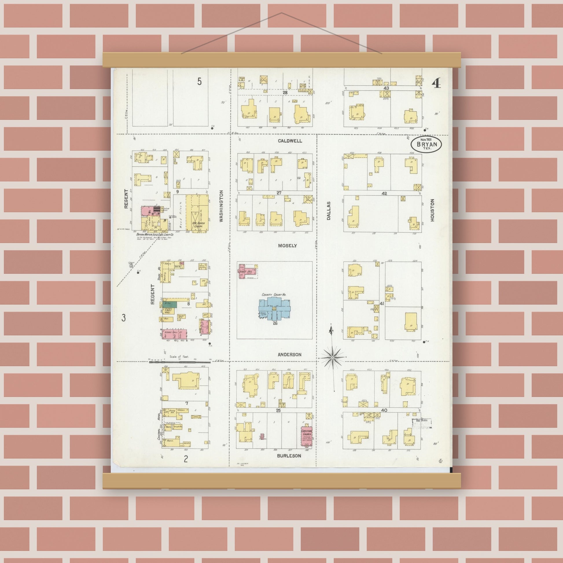 Old map wall art mockup — magnetic wood frame on brick wall — Sanborn Fire Insurance Map from Bryan, Brazos County, Texas (1901), Sheet #0004