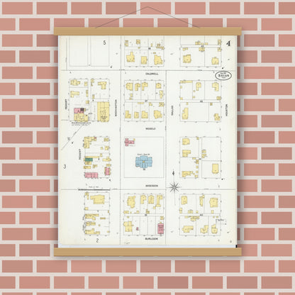 Old map wall art mockup — magnetic wood frame on brick wall — Sanborn Fire Insurance Map from Bryan, Brazos County, Texas (1901), Sheet #0004