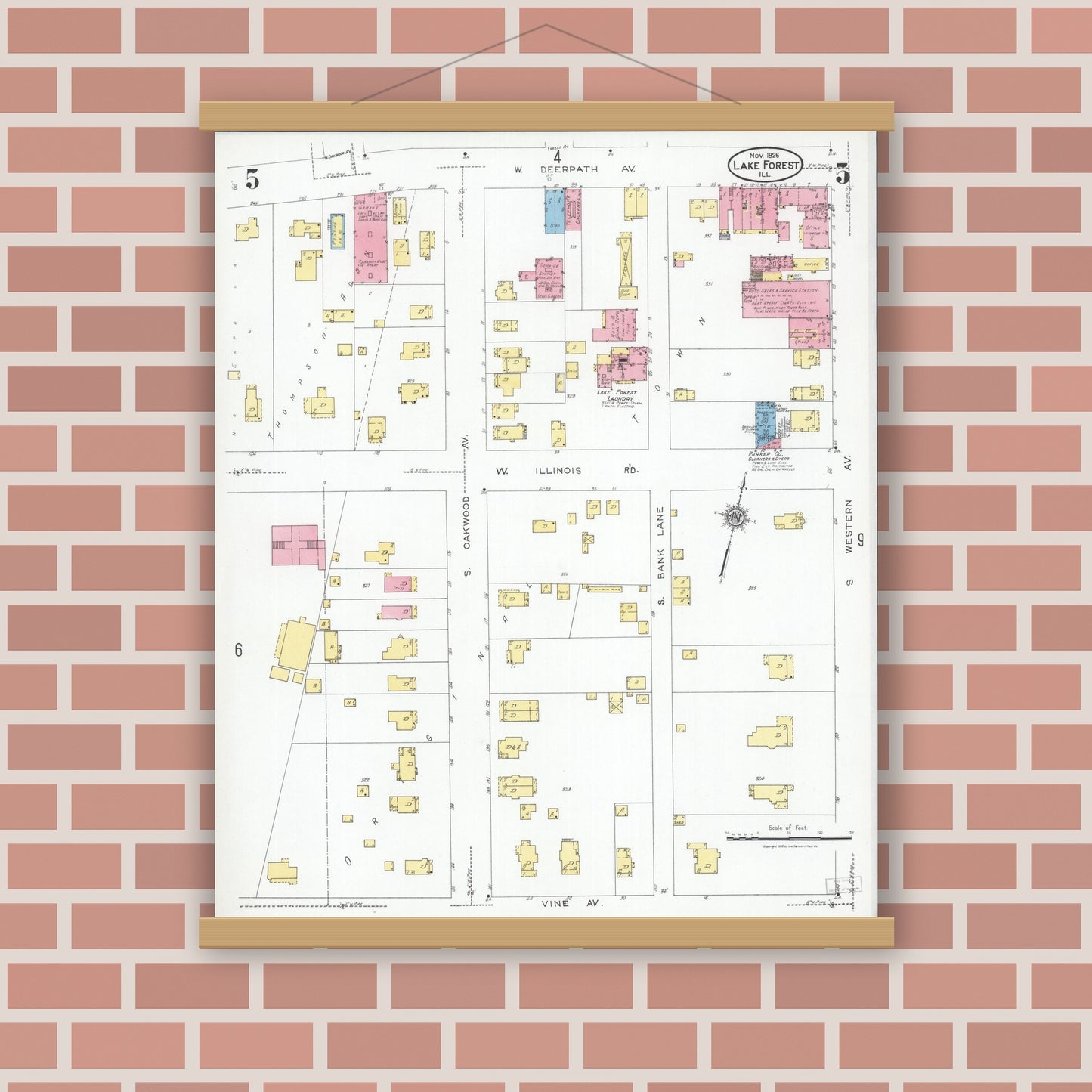 Old map wall art mockup — magnetic wood frame on brick wall — Sanborn Fire Insurance Map from Lake Forest, Lake County, Illinois (1926), Sheet #0005