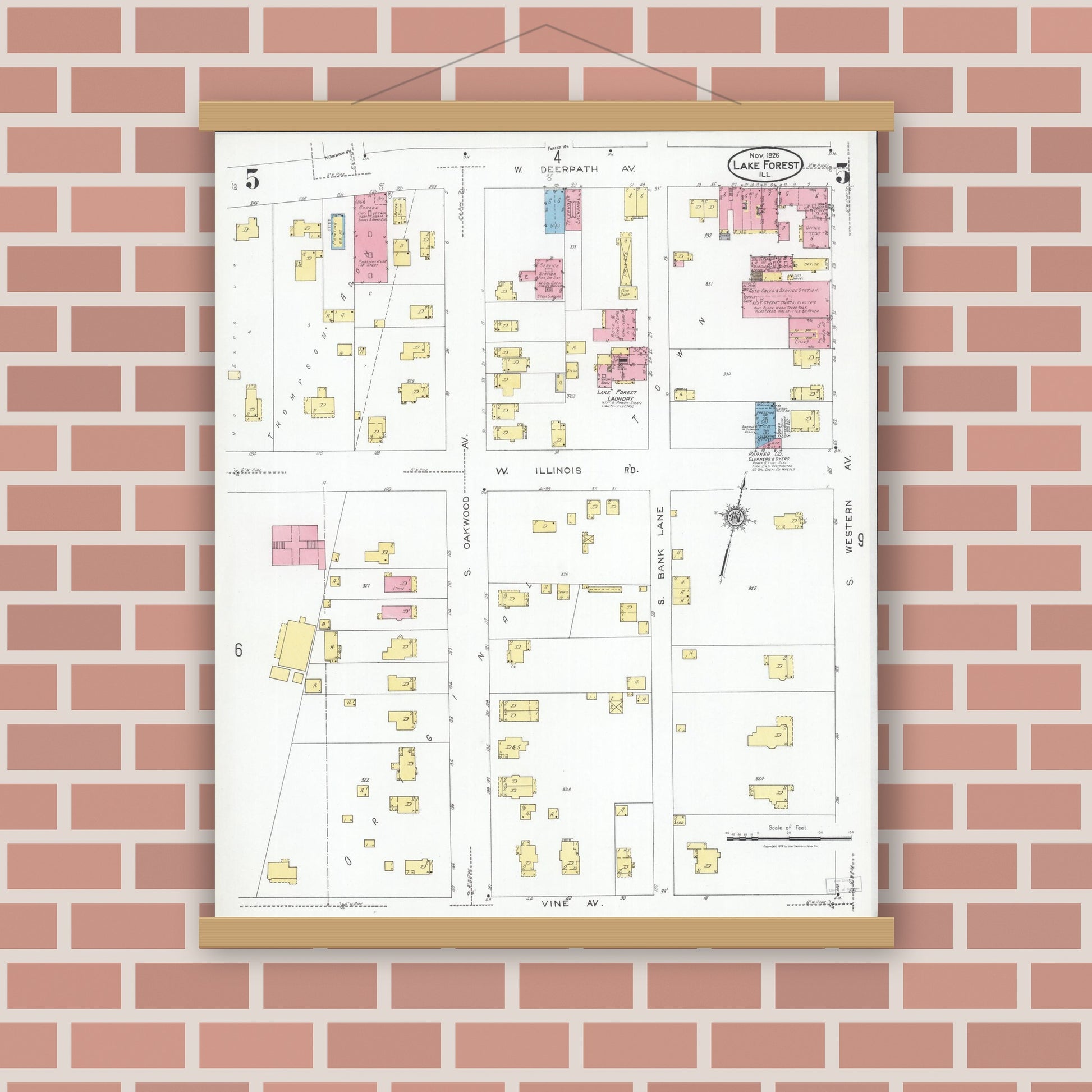 Old map wall art mockup — magnetic wood frame on brick wall — Sanborn Fire Insurance Map from Lake Forest, Lake County, Illinois (1926), Sheet #0005