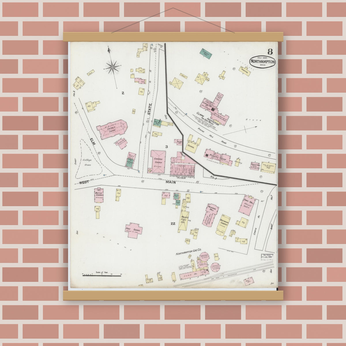 Old map wall art mockup — magnetic wood frame on brick wall — Sanborn Fire Insurance Map from Northampton, Hampshire County, Massachusetts (1889), Sheet #0008