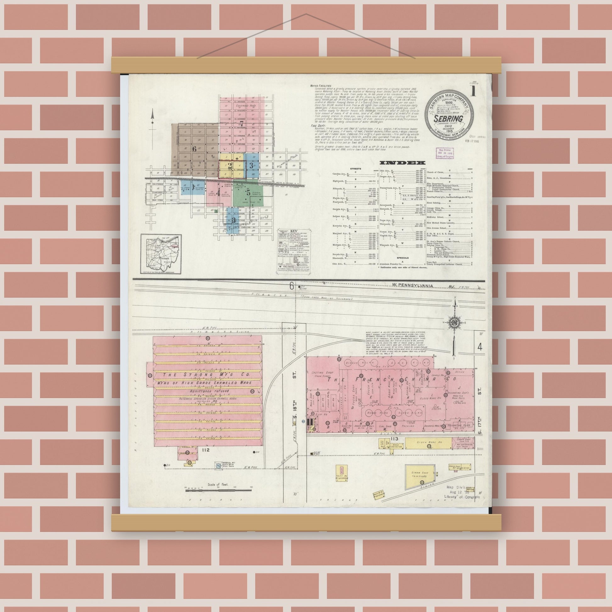 Old map wall art mockup — magnetic wood frame on brick wall — Sanborn Fire Insurance Map from Sebring, Mahoning County, Ohio (1915), Sheet #0001