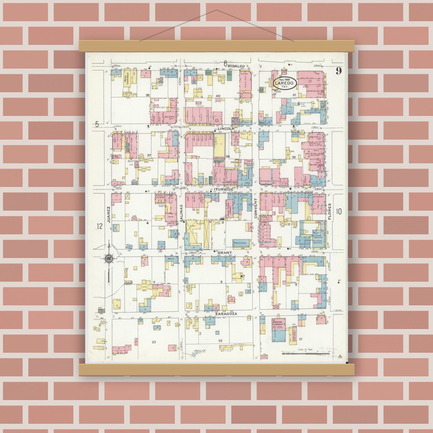 Old map wall art mockup — magnetic wood frame on brick wall — Sanborn Fire Insurance Map from Laredo, Webb County, Texas (1909), Sheet #0009