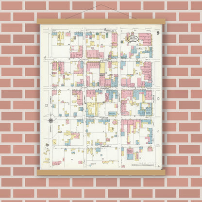 Old map wall art mockup — magnetic wood frame on brick wall — Sanborn Fire Insurance Map from Laredo, Webb County, Texas (1909), Sheet #0009