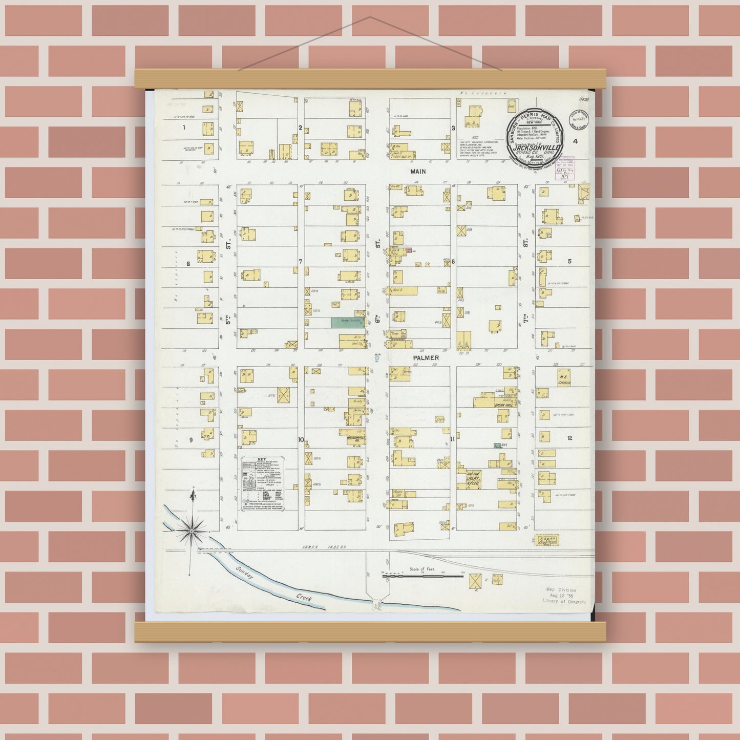 Old map wall art mockup — magnetic wood frame on brick wall — Sanborn Fire Insurance Map from Jacksonville, Athens County, Ohio (1901), Sheet #0001