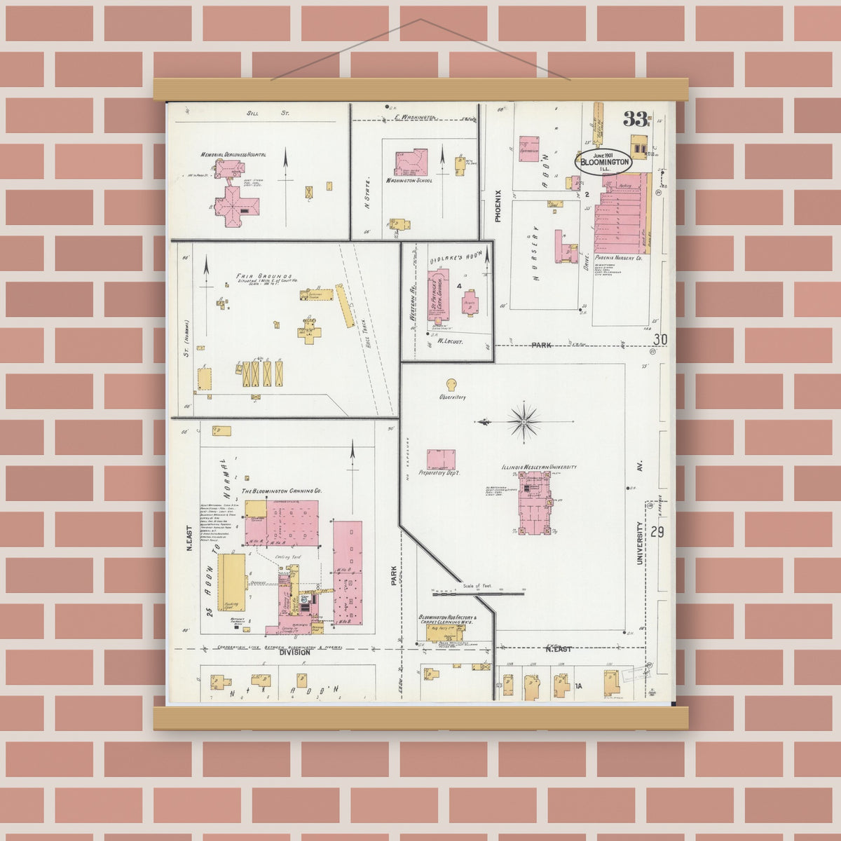 Old map wall art mockup — magnetic wood frame on brick wall — Sanborn Fire Insurance Map from Bloomington, McLean County, Illinois (1901), Sheet #0033