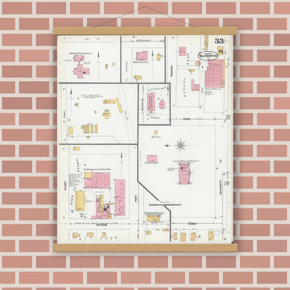 Old map wall art mockup — magnetic wood frame on brick wall — Sanborn Fire Insurance Map from Bloomington, McLean County, Illinois (1901), Sheet #0033