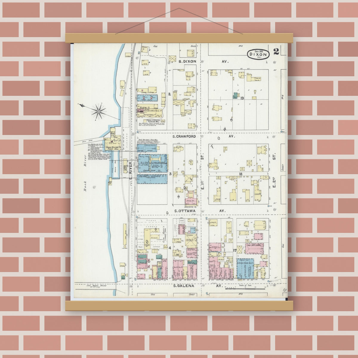 Old map wall art mockup — magnetic wood frame on brick wall — Sanborn Fire Insurance Map from Dixon, Lee County, Illinois (1891), Sheet #0002