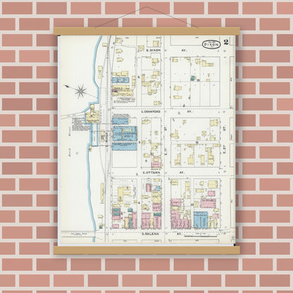 Old map wall art mockup — magnetic wood frame on brick wall — Sanborn Fire Insurance Map from Dixon, Lee County, Illinois (1891), Sheet #0002