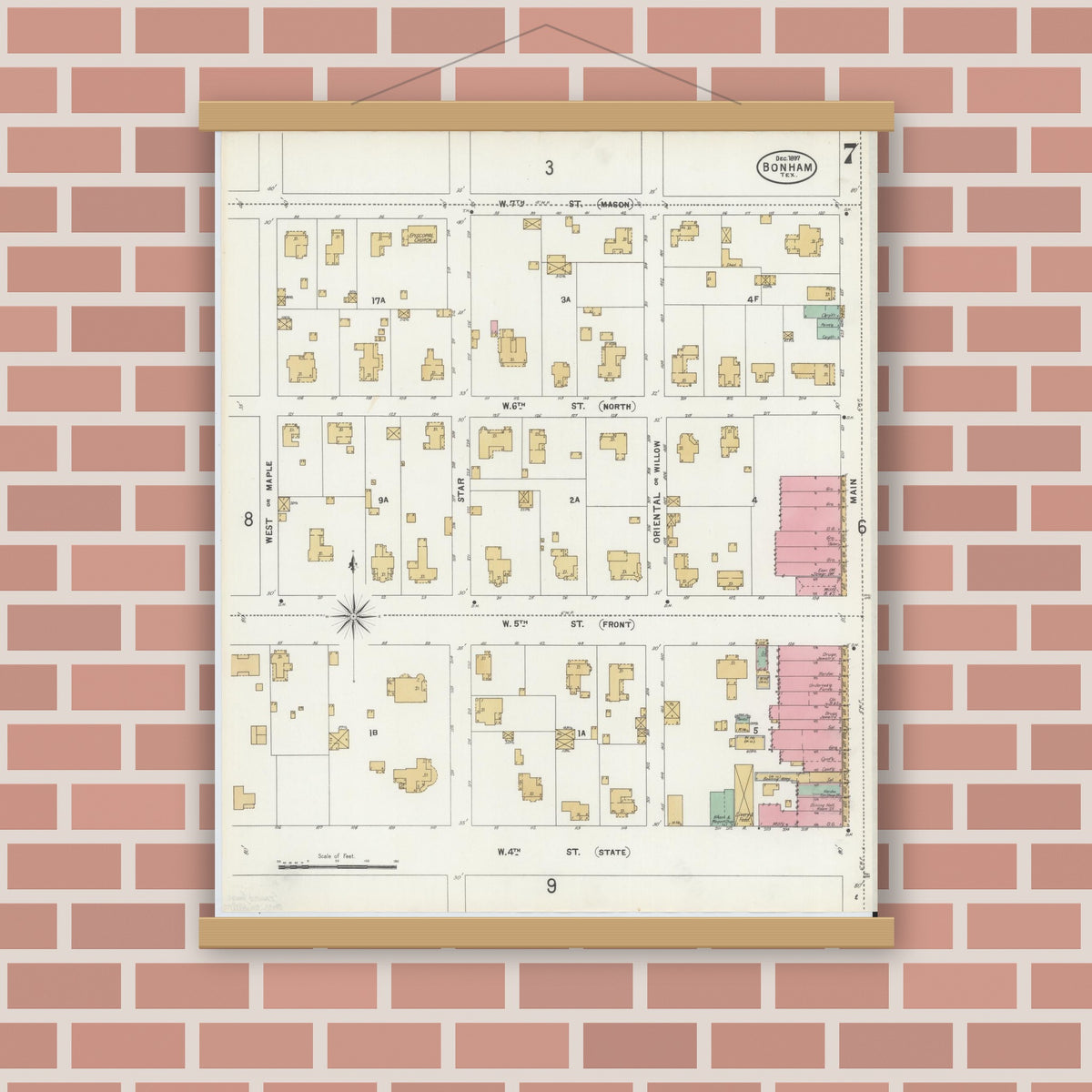 Old map wall art mockup — magnetic wood frame on brick wall — Sanborn Fire Insurance Map from Bonham, Fannin County, Texas (1897), Sheet #0007