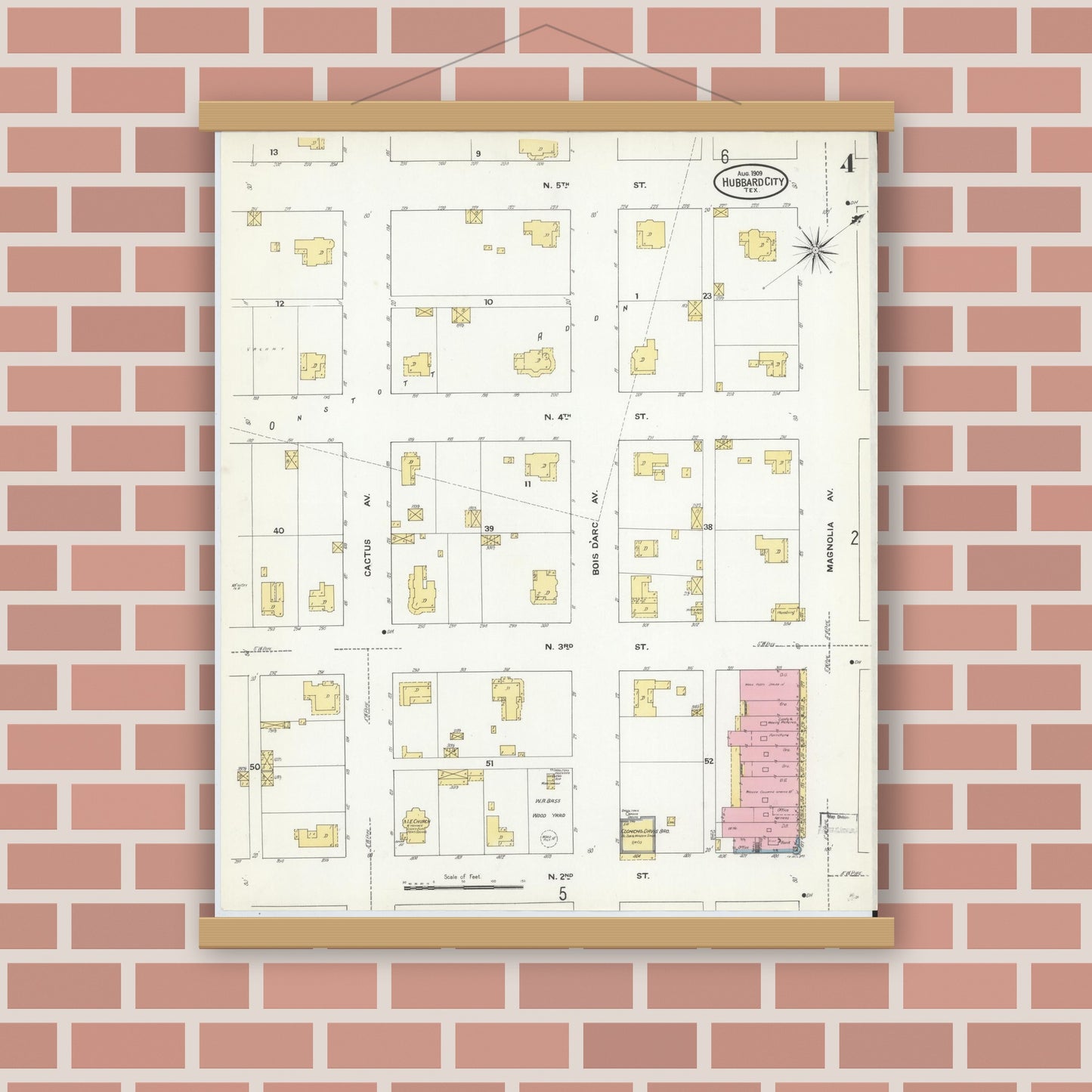 Old map wall art mockup — magnetic wood frame on brick wall — Sanborn Fire Insurance Map from Hubbard, Hill County, Texas (1909), Sheet #0004