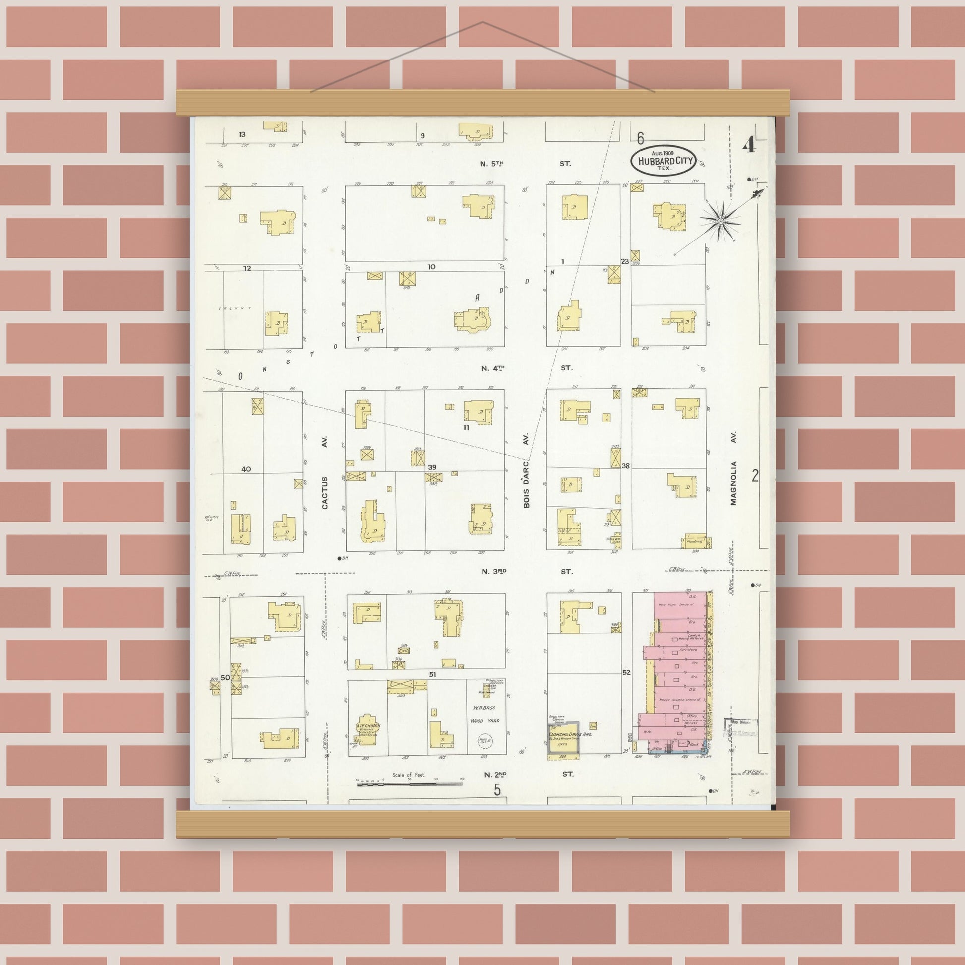 Old map wall art mockup — magnetic wood frame on brick wall — Sanborn Fire Insurance Map from Hubbard, Hill County, Texas (1909), Sheet #0004